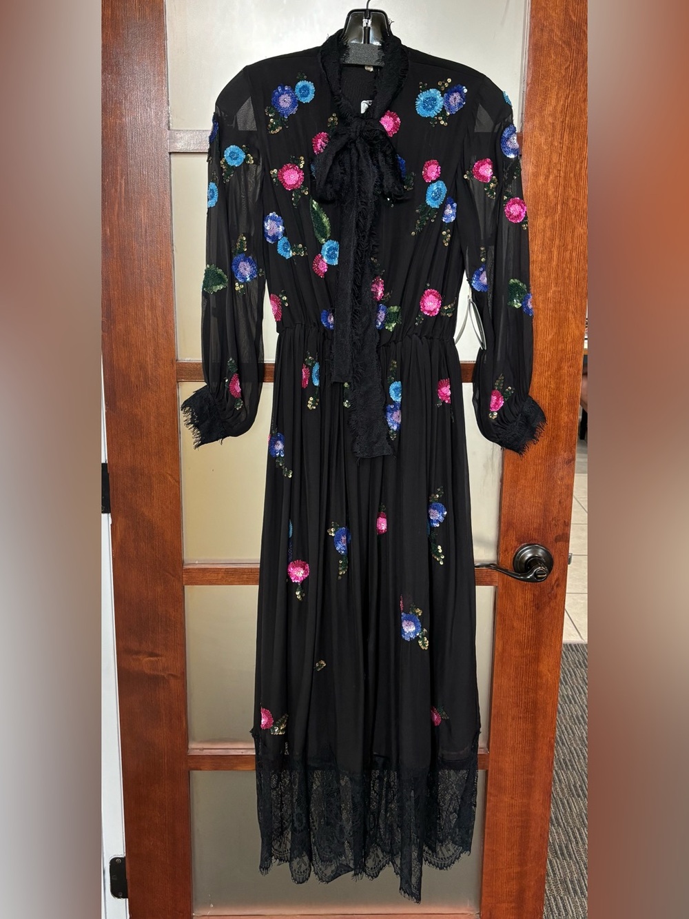 Black Long Sleeve Floral Embroidered Maxi Dress with Tie Neck